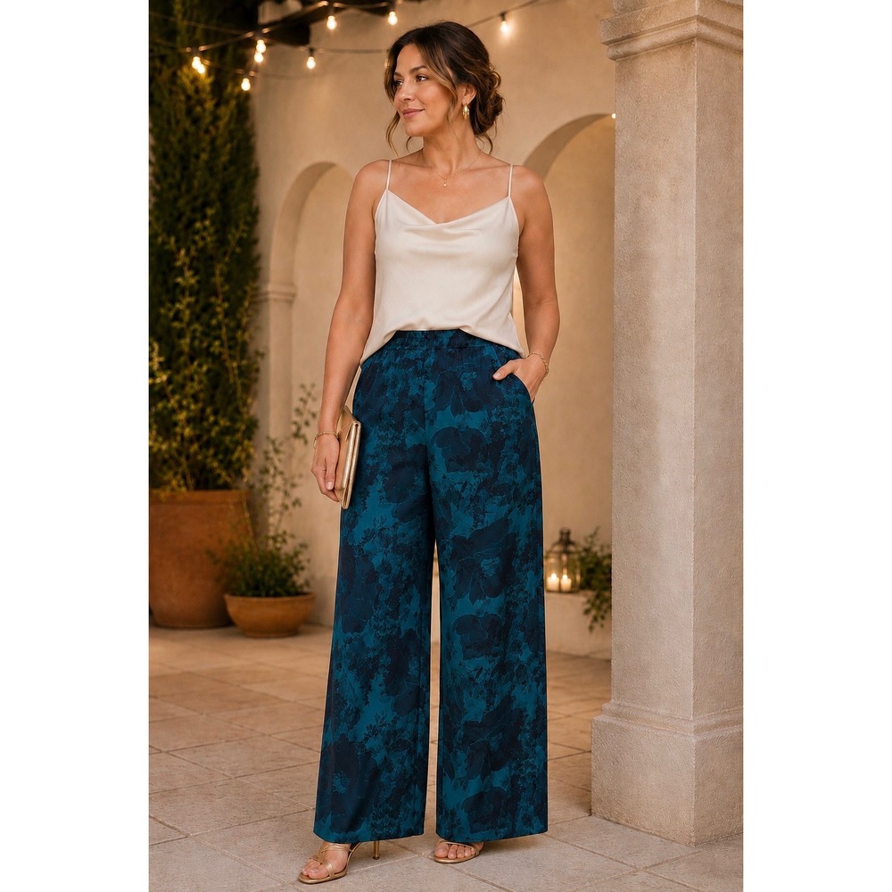 SOFT SURROUNDINGS Wide Leg Satin Floral Pants L Teal Dark Moody Whimsigoth Flowy